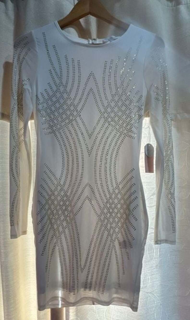 G264 Blashe Los Angeles White Long Sleeve Rhinestone Bodycon Dress Size M